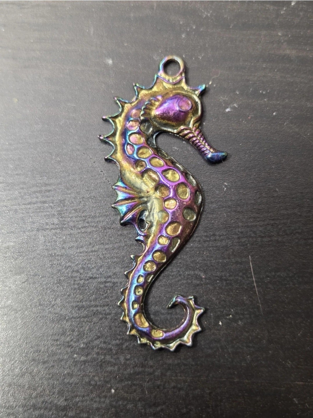 Iridescent Seahorse Metal Pendant - Purple and Gold Accent